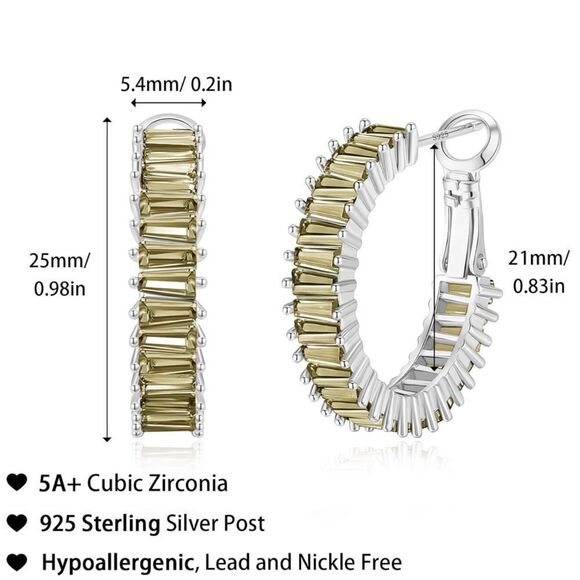 14K White Gold with Green Peridot Cubic Zirconia Drop Hoop Leverback Earrings - Picture 3 of 7